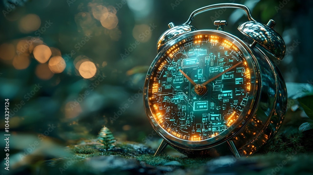 Poster an depiction of a sleek modern alarm clock with futuristic technology elements inside the clock face