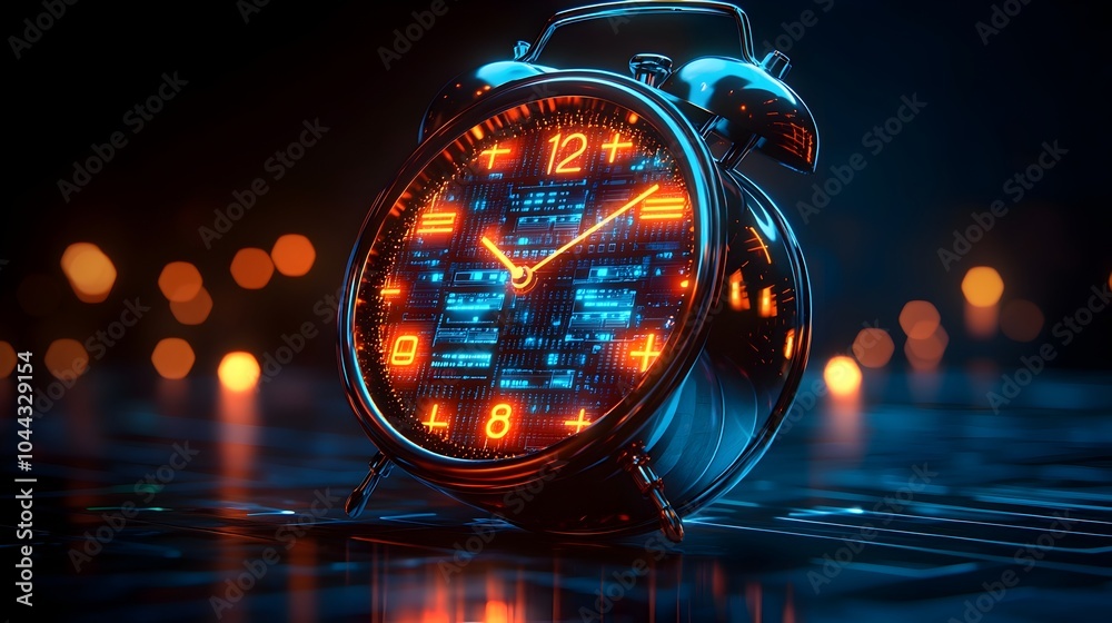 Poster sleek futuristic alarm clock design featuring interconnected nodes server racks and cloud computing 