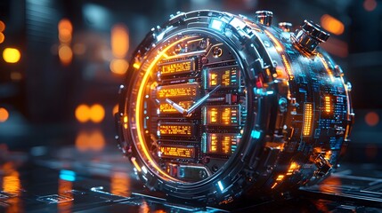 Fototapeta premium Sleek minimalist alarm clock design featuring futuristic technology elements inside the clock face including interconnected nodes server racks and symbols of data transfer and cloud computing