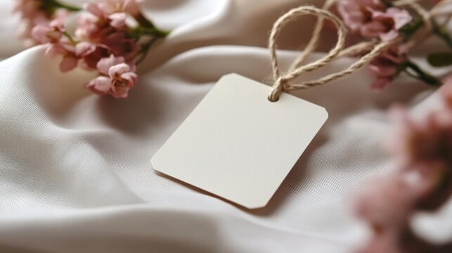 Clothing tag mockup on a fabric surface with soft pink flowers and a natural textured string loop for product branding.. Generative AI
