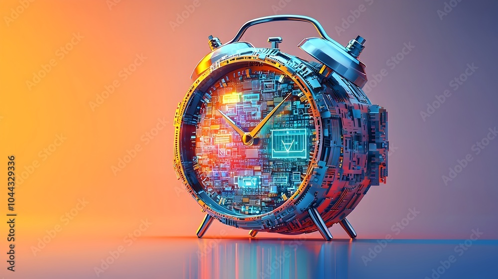 Poster depiction of a sleek modern alarm clock with digital technology elements representing cybersecurity 