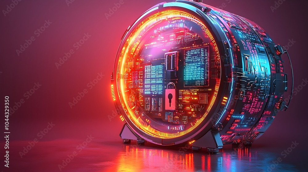 Poster sleek and futuristic alarm clock design featuring digital cybersecurity symbols and encrypted data p