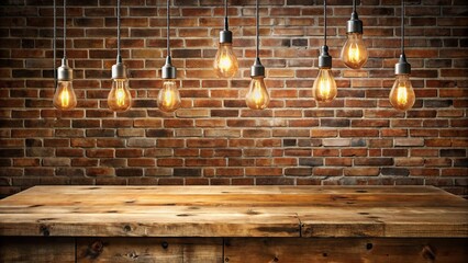 Rustic Wooden Table with Glowing Filament Bulbs Hanging Against a Brick Wall