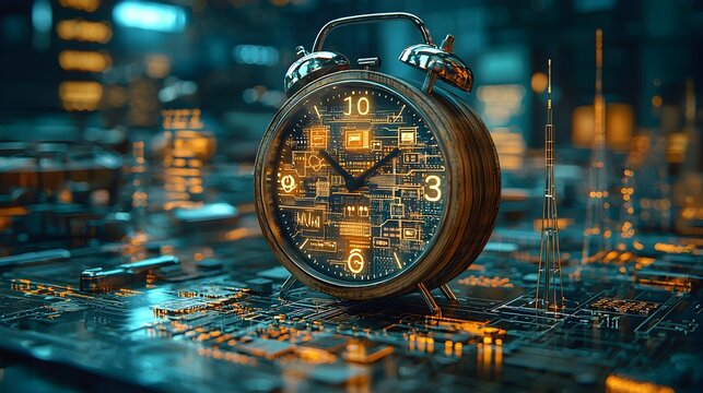 An depiction of a vintage wooden alarm clock with technology elements inside  The clock face shows high speed data streams and interconnected devices