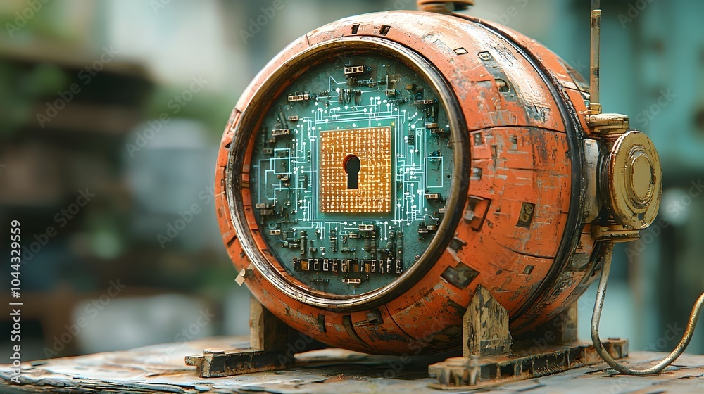 Poster depiction of a vintage wooden alarm clock with futuristic technology elements inside the clock face 