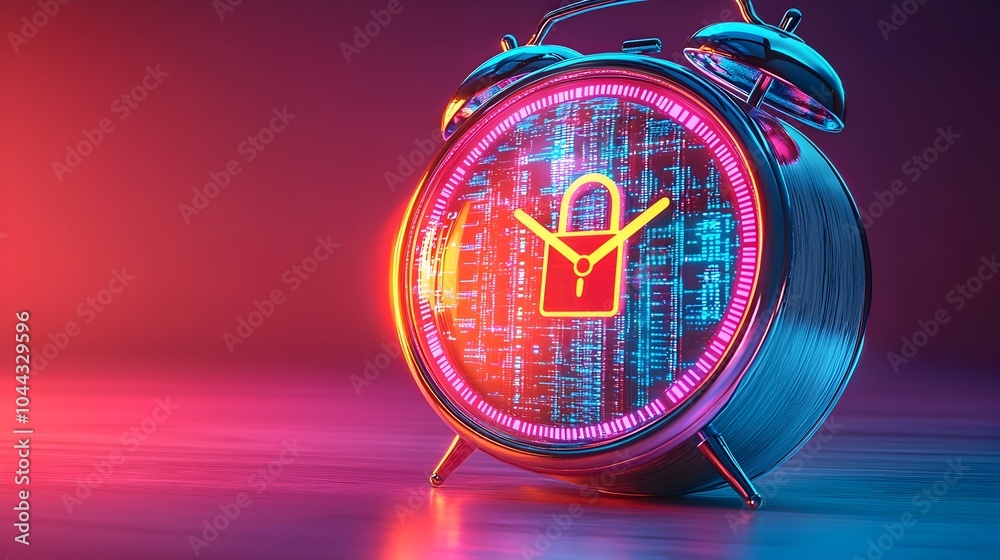 Poster vintage wooden alarm clock with cybersecurity and data protection elements the clock face shows a di