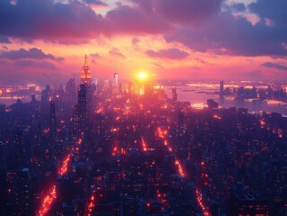 Fototapeta premium Aerial view of a vibrant cityscape at dusk. Featuring illuminated buildings and bustling streets. Emphasizing urban life and modernity. Ideal for city living and nightlife promotions.