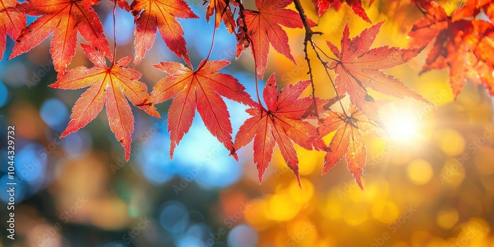 Poster sunlit autumn maple leaves with blurred background