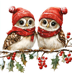 Fototapeta premium Two cute owls in red hats and scarves sitting on holly branches on white background