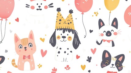 A delightful collection of illustrations featuring various adorable dogs and cats, each wearing hats and holding balloons. These charming animals boast round eyes and a range of expressions