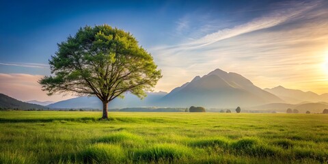 Obraz premium A solitary tree stands tall in a meadow, its branches reaching towards the sky, while the sun paints the distant mountains in shades of gold and blue.