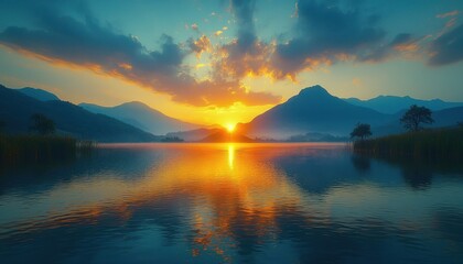 Fototapeta premium Sunset Reflection in a Mountain Lake