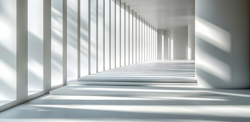 Obraz premium Modern Minimalist White Corridor with Sunlight, hallway, architecture, interior, contemporary, design