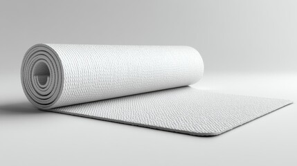 Fototapeta premium Minimalist white fitness mat mockup rolled out on white background showcasing textured surface and smooth edges ideal for exercise yoga and product branding presentations.. Generative AI