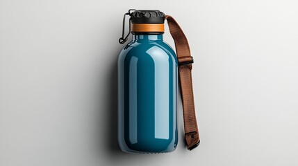 Blue metal water bottle with brown strap perfect for outdoor adventure mockups. Sleek and durable design for environmental branding concepts.. Generative AI