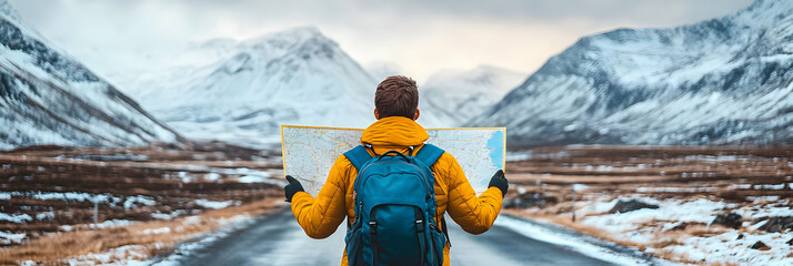 Man Looking at Map in Snowy Mountains, winter, travel, adventure, explore, journey