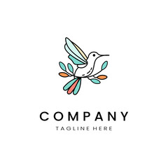 minimalistic and simple hummingbird vector line art with a bit of color, on a white background 

