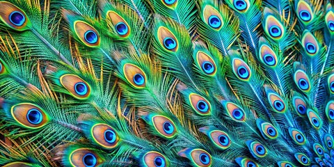 Obraz premium An Abstract Tapestry of Vivid Colors and Intricate Patterns, Featuring the Eye-Catching Ocelli of Peacock Feathers