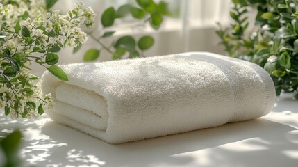 Soft white towel folded on a white background with greenery cozy and elegant design mockup for home decor and lifestyle products. Generative AI