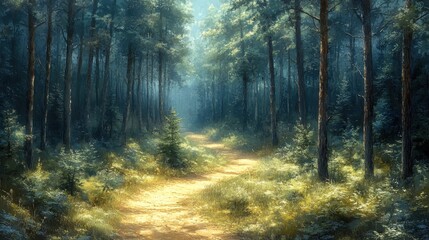 Obraz premium Artistic painting of a serene forest. Featuring tall trees and a winding path. Emphasizing tranquility and natural beauty. Ideal for art and nature blogs.