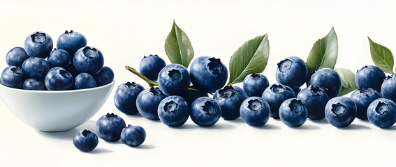 Fresh Blueberries in a Bowl and on a Branch, blueberry, blue berry, blue berries, fruit, fruits