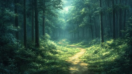 Obraz premium Artistic painting of a serene forest. Featuring tall trees and a winding path. Emphasizing tranquility and natural beauty. Ideal for art and nature blogs.