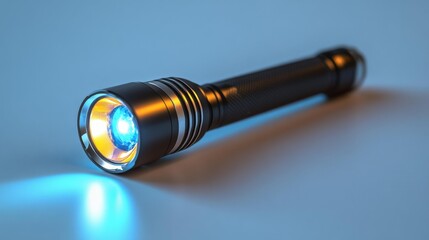 Sleek black flashlight with illuminated blue beam on a plain white surface showcasing modern design and functionality perfect for outdoor and camping equipment mockups.. Generative AI