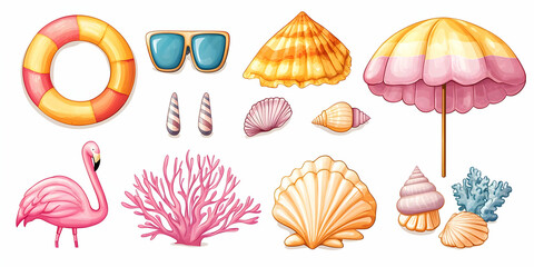 Summer Beach Elements Clipart Illustration, vacation, travel, holiday, collection, set