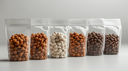 Pet food packaging mockup with transparent resealable bags various kibble shapes and colors on a white background ideal for branding and design presentation. Generative AI