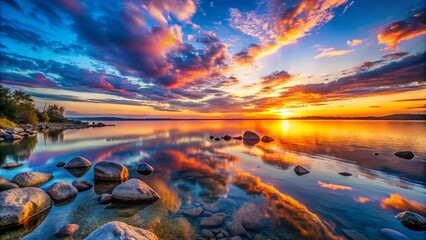 A serene lakeshore landscape with a fiery sunset mirrored in the tranquil waters, creating a picturesque scene of nature's beauty.