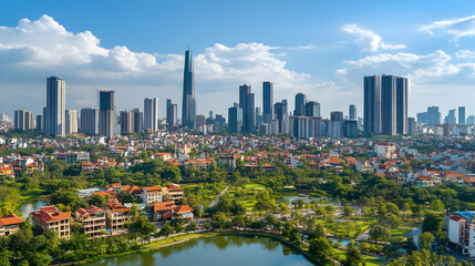 Fototapeta premium Modern Cityscape with Green Space and Blue Sky, urban, skyline, skyscrapers, high-rise buildings, architecture