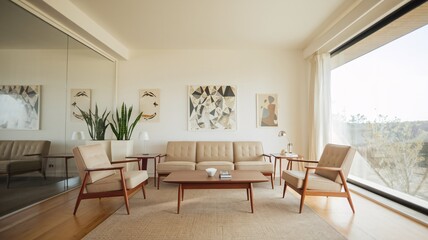 Mid-Century Modern Living Room Modern living room with beige sofa, armchairs, wooden coffee table, and artwork on the wall, featuring large windows with natural light.