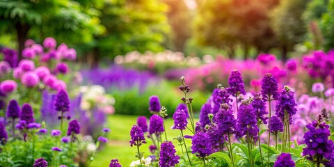 Obraz premium Vibrant Purple Blooms amidst a Lush Garden, bathed in the soft glow of the setting sun.