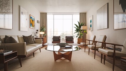 Fototapeta premium Mid-Century Modern Living Room Modern living room with large windows, comfortable furniture, and a glass coffee table.