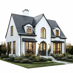 Modern Farmhouse with Black Trim and Lush Landscaping, white farmhouse, black windows, black doors, lawn, garden