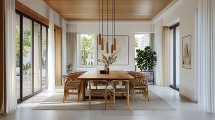 Fototapeta premium Bright modern dining room with wooden table and stylish pendant lights.
