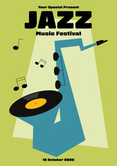 Jazz music festival poster template design background. Geometric shape of saxophone and vinyl record