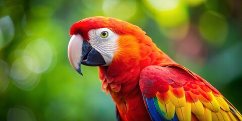 Obraz premium A Scarlet Macaw's Captivating Gaze, Its Feathers Reflecting the Warmth of a Tropical Sun, Against a Lush Green Background