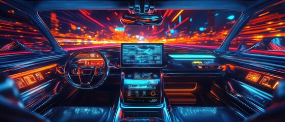 Futuristic car interior with vibrant lighting and advanced technology display.