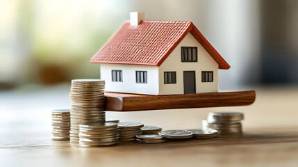 House Balanced on Coins, home, real estate, property, mortgage, loan