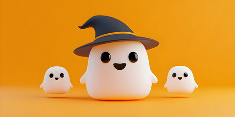 Obraz premium Cute Ghost in a Witch Hat with Two Little Ghosts, halloween, spooky, funny, character, 3d