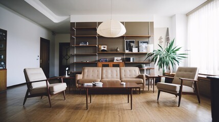 Fototapeta premium Mid-Century Modern Living Room A mid-century modern living room with a couch, two armchairs, a coffee table, a bookshelf, and a plant.
