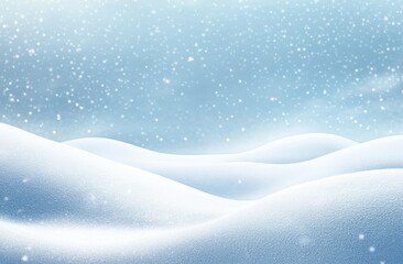 Snowy hills with falling snowflakes against a blue sky.