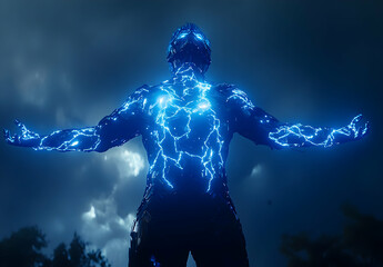 Cybernetic Man With Glowing Blue Energy, human, cyborg, robot, futuristic, technology