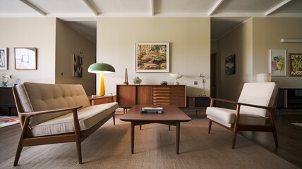 Mid-Century Modern Living Room Mid-century modern living room with a sofa, two armchairs, and a coffee table.