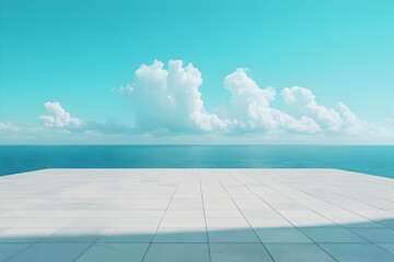 Obraz premium Minimalist Ocean View with White Tiles, sea, sky, clouds, blue, floor