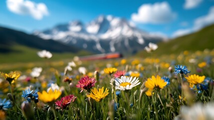Fototapeta premium A serene snowy mountain range with a train winding through the landscape surrounded by vibrant wildflowers captured in detail by a Sony A90 and 600mm lens.