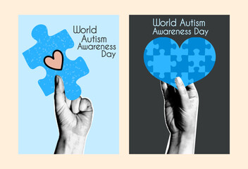 World Autism Awareness Day poster. Halftone collage vertical illustrations with hand and blue puzzle.
