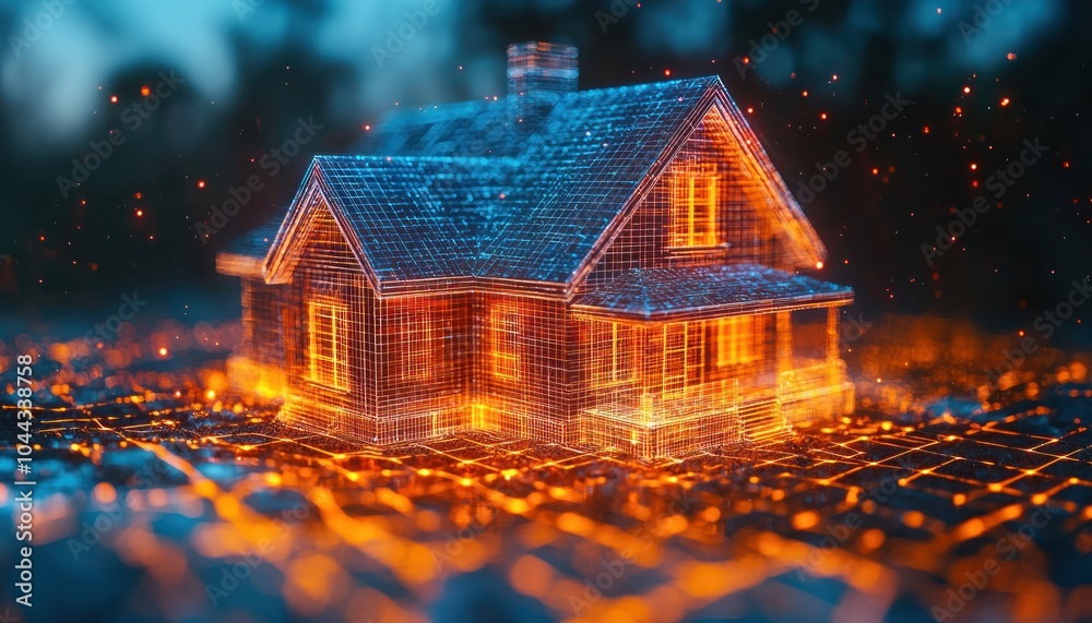 Poster a 3d wireframe model of a house glowing with orange light