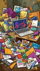 A messy desk with a laptop, notebooks, and papers.
